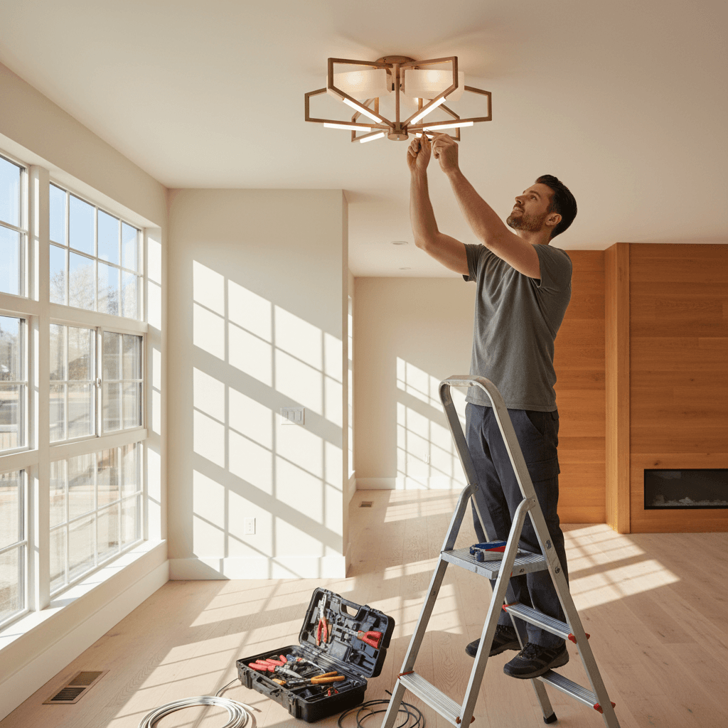 Electrician installing ceiling light fixture in home