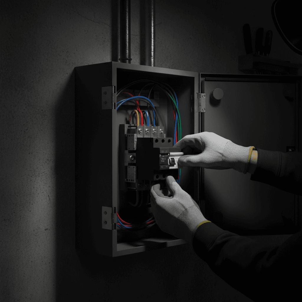 Electrician installing new breaker in electrical panel