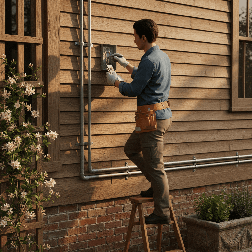Electrician inspecting exterior electrical connections