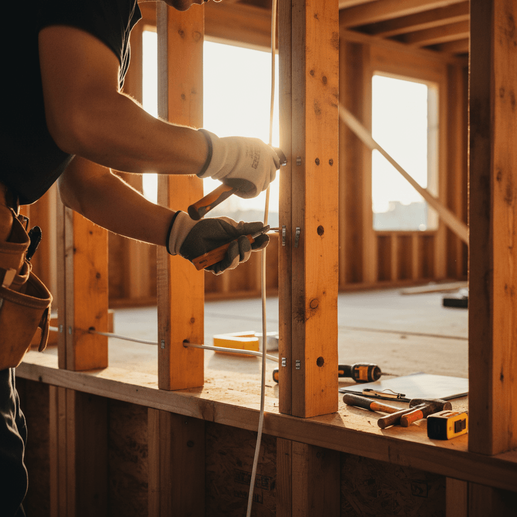 Electrician installing new wiring in residential framing