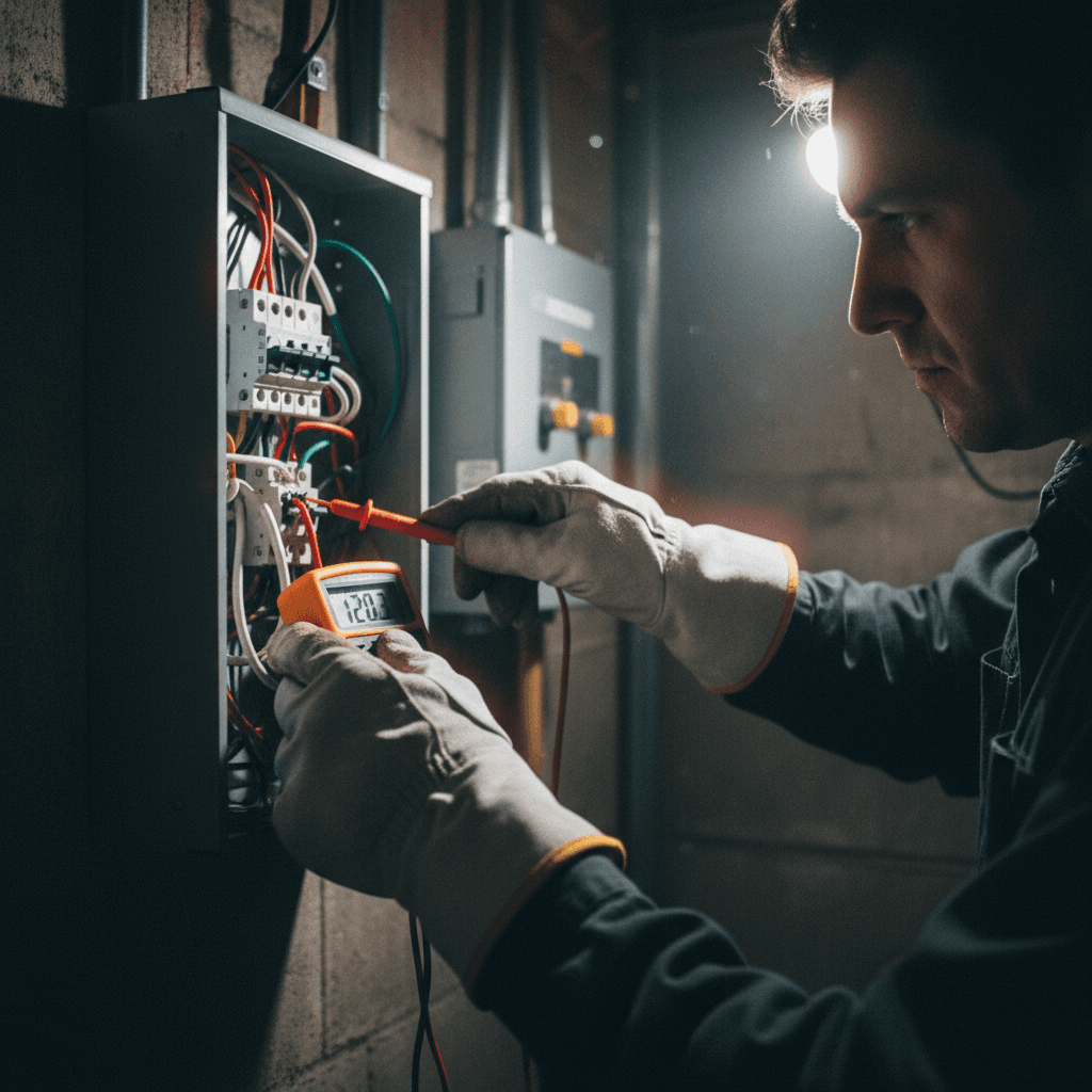 Electrician testing electrical circuits with multimeter