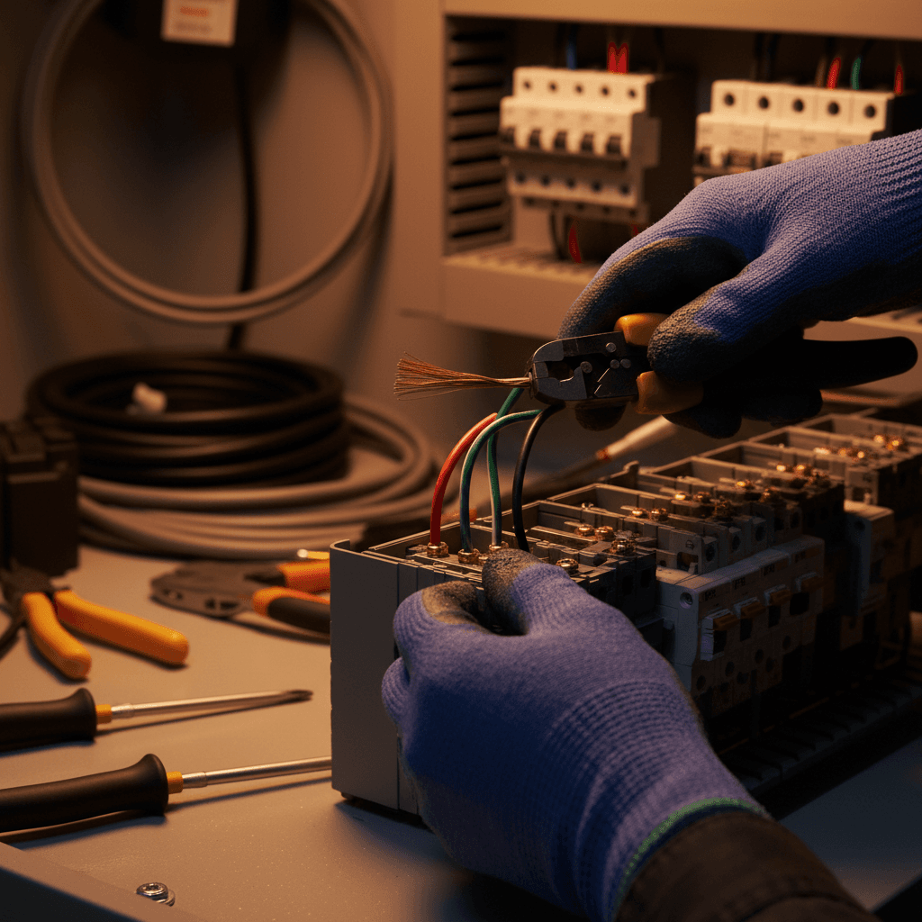 Professional electrician connecting wiring to electrical panel