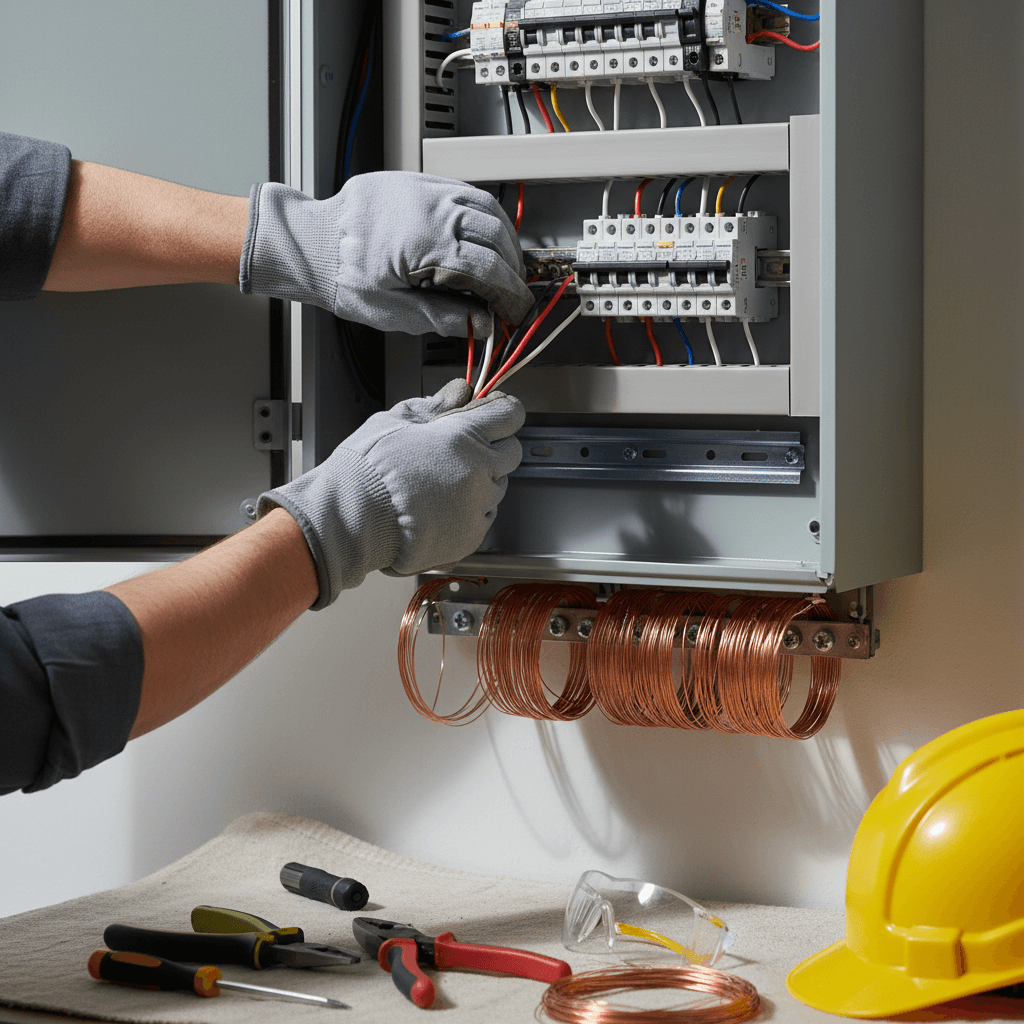 Electrician connecting wires to residential electrical panel
