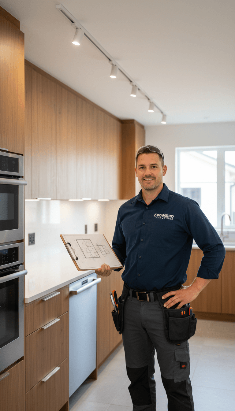 Electrician discussing lighting project with homeowner